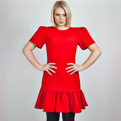 Pleated Shoulder Peplum Hem Cady Dress (Watermelon Red)
