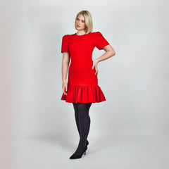 Pleated Shoulder Peplum Hem Cady Dress (Watermelon Red)