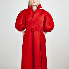 Wide Lapel Asymmetric Belted Midi Cotton Dress (Red)