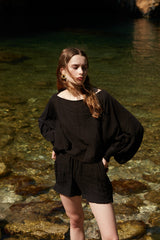 Handarte Los Angeles Manşetli Siyah Müslin Crop