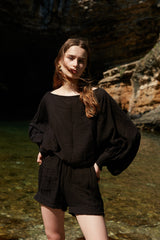 Handarte Los Angeles Manşetli Siyah Müslin Crop