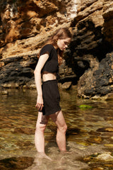 Handarte Los Angeles Siyah Müslin Önden Büzgülü Crop