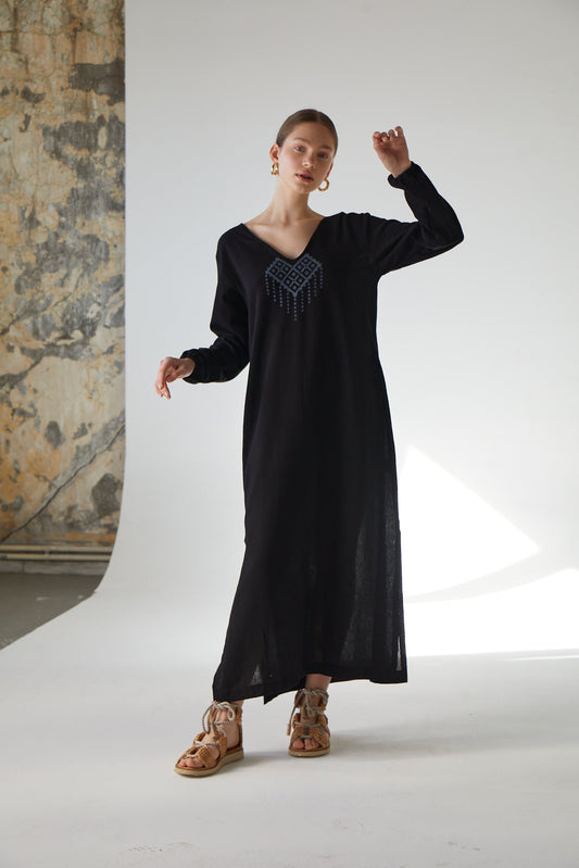 Handarte Los Angeles Şile Bezi Pamuk Ağaç Baskılı Uzun Elbise