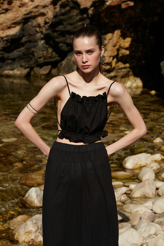 Handarte Los Angeles Siyah Büzgülü İpli Crop