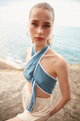 Handarte Mavi Müslin Düğümlü Büstiyer