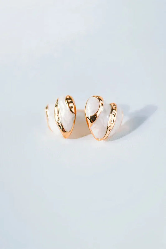 Gold Striped White Heart Earring