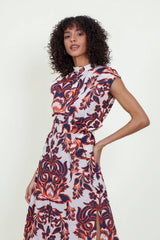 Eloshé Dik Yaka Kuşaklı Midi Keten Elbise JEDSSM101