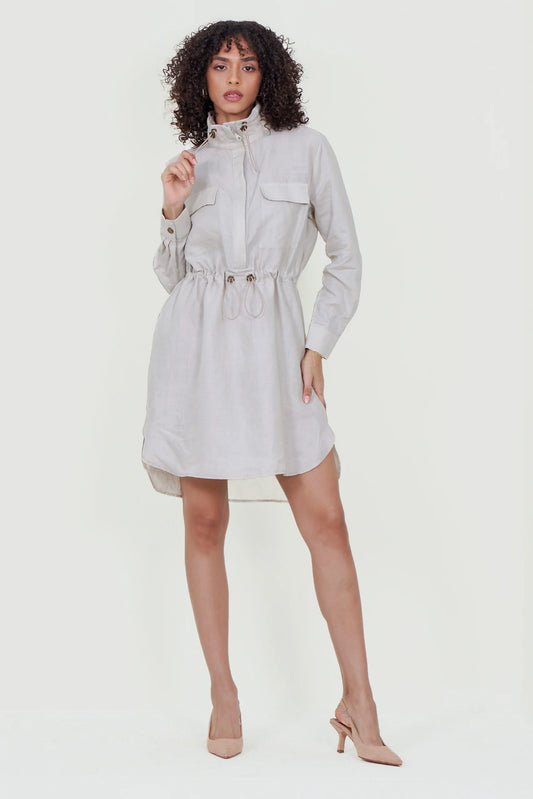Eloshé Keten Büzgülü Mini Gömlek Elbise JEDSSM103