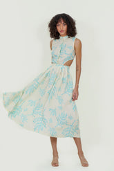 Eloshé Stand Collar Linen Midi Elbise with Open Side JEDSSM105