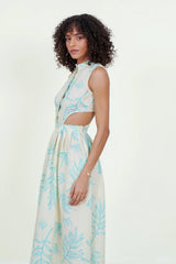 Eloshé Stand Collar Linen Midi Dress with Open Side JEDSSM105