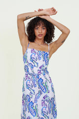 Eloshé Sırt Dekolteli Turkuaz Midi Keten Elbise JEDSSM106