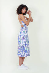 Eloshé Sırt Dekolteli Turkuaz Midi Keten Elbise JEDSSM106