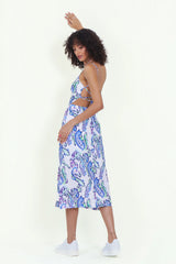 Eloshé Sırt Dekolteli Turkuaz Midi Keten Elbise JEDSSM106