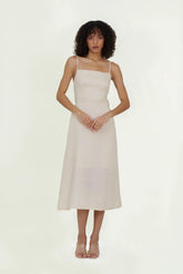 Eloshé Krem Midi Linen Elbise with Back Decollete JEDSSM107