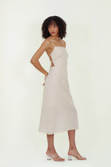 Eloshé Sırt Dekolteli Krem Midi Keten Elbise JEDSSM107