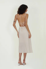 Eloshé Sırt Dekolteli Krem Midi Keten Elbise JEDSSM107