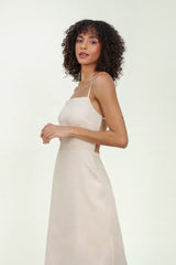 Eloshé Sırt Dekolteli Krem Midi Keten Elbise JEDSSM107