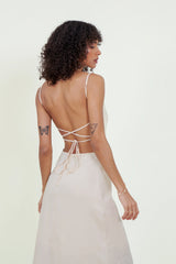 Eloshé Sırt Dekolteli Krem Midi Keten Elbise JEDSSM107