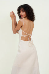 Eloshé Sırt Dekolteli Krem Midi Keten Elbise JEDSSM107