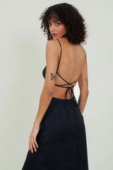 Eloshé Sırt Dekolteli Siyah Midi Keten Elbise JEDSSM108