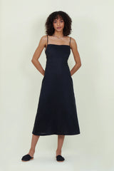 Eloshé Sırt Dekolteli Siyah Midi Keten Elbise JEDSSM108