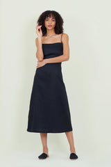 Eloshé Sırt Dekolteli Siyah Midi Keten Elbise JEDSSM108