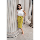 Linen and Cupro-Blend Bow Tie Wrap Vegan Skirt (Olive Green)