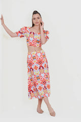 Eloshé Balon Kollu Crop Bluz ve Midi Etek MEDSSM101