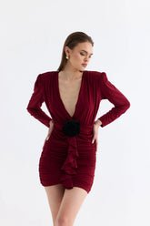 Manshet Crimson Mini Elbise in Dark Cherry