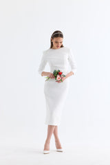 Manshet Iris Midi Length Evening Dress with Back Decollete (White)