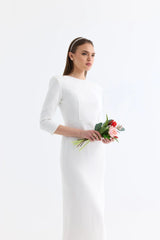 Manshet Iris Midi Length Evening Dress with Back Decollete (White)