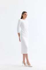 Manshet Iris Midi Length Evening Dress with Back Decollete (White)