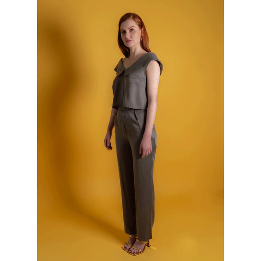 Off Shoulder Collared Crop Top (Charcoal Grey)