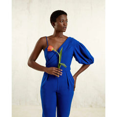 Femponiq Peak Lapel Puff Sleeve Crepe Jumpsuit (Royal Blue)