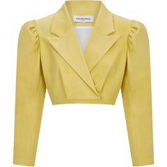Femponiq Puff Shoulder Cropped Cotton Blazer (Mustard Yellow)