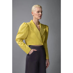 Femponiq Puff Shoulder Cropped Cotton Blazer (Mustard Yellow)
