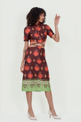 Eloshé Brown Lace-up Crop Shirt and Midi Skirt REDSSM101