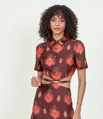 Eloshé Brown Lace-up Crop Shirt and Midi Skirt REDSSM101