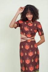 Eloshé Brown Lace-up Crop Shirt and Midi Skirt REDSSM101