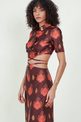 Eloshé Brown Lace-up Crop Shirt and Midi Skirt REDSSM101
