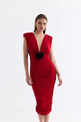 Manshet The Velvet Low-Cut Midi Elbise (Kırmızı)