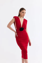 Manshet The Velvet Low-Cut Midi Elbise (Kırmızı)