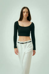 Wear Three Points Black Square Neck Crop Blouse