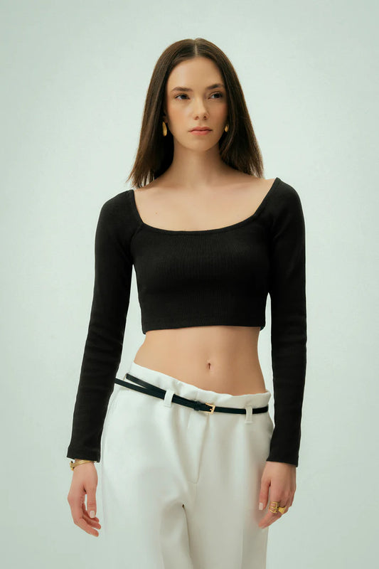 Wear Three Points Black Square Neck Crop Blouse