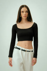 Wear Three Points Black Square Neck Crop Blouse