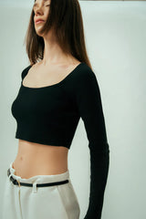 Wear Three Points Black Square Neck Crop Blouse