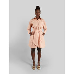 Belted Gathered Cotton Shirt Dress (Peach)