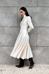 Crescent Line Rosette Midi Boy Elbise Krem