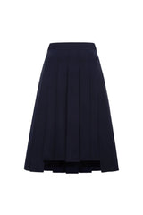 Femponiq High-Waisted Pleated Midi Skirt with Asymmetric Slits (Navy)