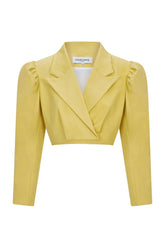 Femponiq Puff Shoulder Cropped Cotton Blazer (Mustard Yellow)